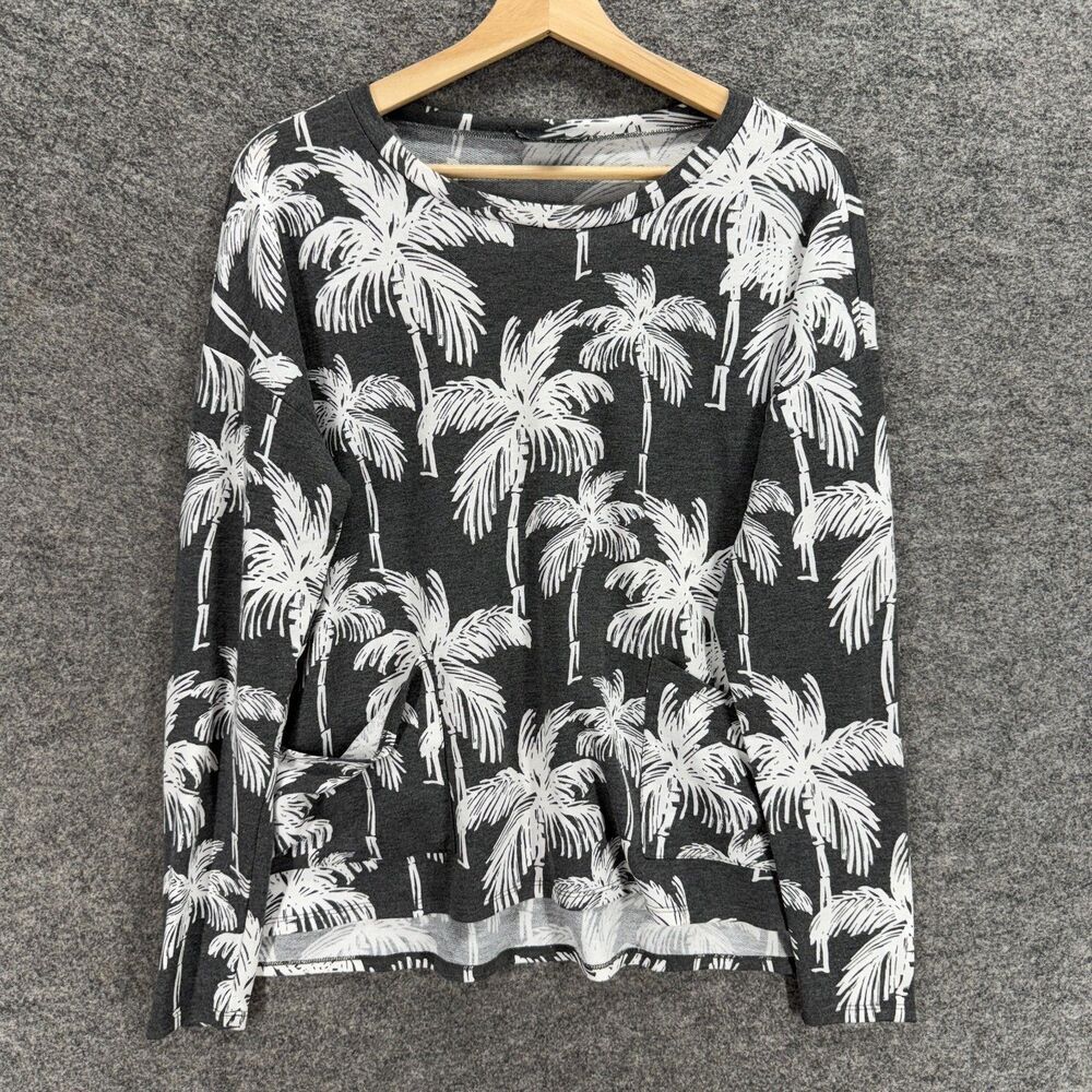 Belle T-Shirt Women S Small Gray Hawaii Print Long Sleeve Round Neck Rayon